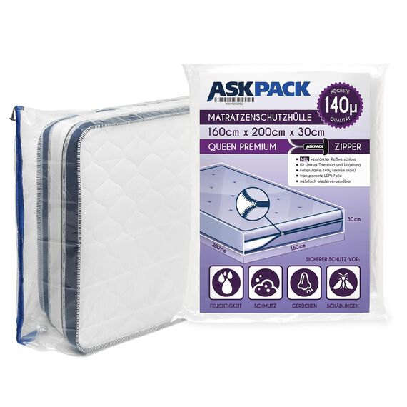 ASK Pack Matratzenschutzhüllen mit Anker-Reißverschluss - Größen von XS bis XXL, Wasserdicht, Reißfest, Ultra Starkes Material 140 mikron - Ideal für Umzug, Lagerung und Transport - 160x200 cm