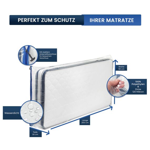 ASK Pack Matratzenschutzhüllen mit Anker-Reißverschluss - Größen von XS bis XXL, Wasserdicht, Reißfest, Ultra Starkes Material 120 mikron - Ideal für Umzug, Lagerung und Transport - 90x200 cm