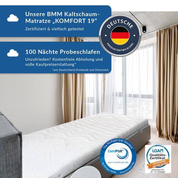 BMM Matratze 120x200 cm Komfort 19 Härtegrad H4 extra fest/Kaltschaummatratze Öko-Tex Zertifiziert/ergonomische 7 Zonen Matratze Höhe 19 cm/Matratzen Deutsche Produktentwicklung