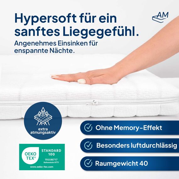 AM Qualitätsmatratzen Premium Topper 80x190cm weich - Made in Germany - Oeko TEX zertifizierter Matratzen Topper H1 - Anpassungsfähige & Weiche Matratzenauflage 80x190 mit waschbarem Bezug