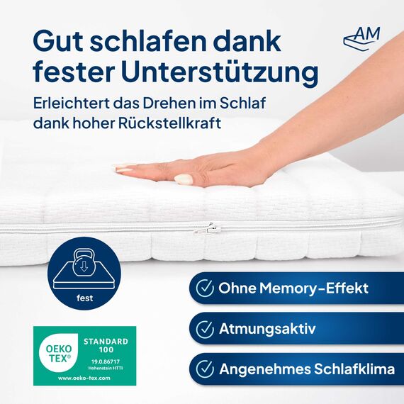 AM Qualitätsmatratzen Topper 140x220cm hart - Made in Germany - Oeko TEX zertifizierter Matratzen Topper 140x220 H4 / H3 für Boxspringbett - Feste Matratzenauflage 140x220 mit waschbarem Bezug
