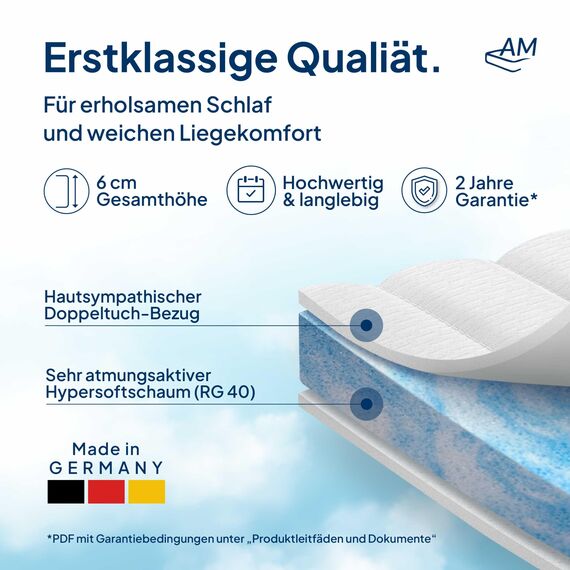AM Qualitätsmatratzen Premium Topper 90x210cm weich - Made in Germany - Oeko TEX zertifizierter Matratzen Topper H1 - Anpassungsfähige & Weiche Matratzenauflage 90x210 mit waschbarem Bezug