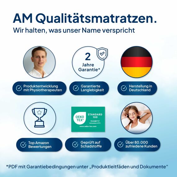 AM Qualitätsmatratzen Topper 180x200cm weich - Made in Germany - Oeko TEX zertifizierter Matratzen Topper 180x200 H2 - Anpassungsfähige & Weiche Matratzenauflage 180x200 mit waschbarem Bezug