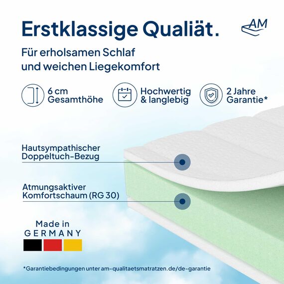 AM Qualitätsmatratzen Topper 200x220cm weich - Made in Germany - Oeko TEX zertifizierter Matratzen Topper 200x220 H2 - Anpassungsfähige & Weiche Matratzenauflage 200x220 mit waschbarem Bezug