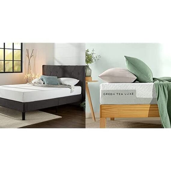 Zinus Shalini 35 cm Gepolsterter Rahmenbettgestell Lattenrost Montage Dunkelgrau Green Tea Luxe Memory Schaum Matratze Anpassungsfähige 7 Zonen Matratze.