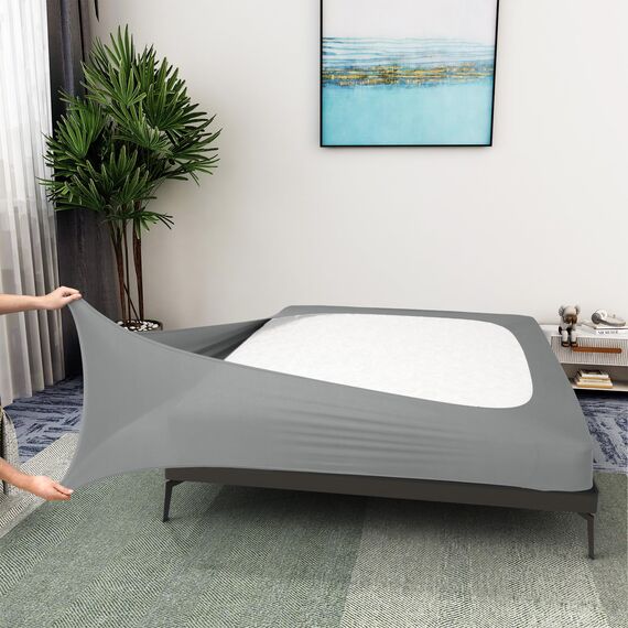 Boxspringbezug, Queen-Size-Größe, Jersey-Strick und dehnbar, 4 Seiten, Bettrock für Hotel und Zuhause, weich und knitterfrei, Queen/Queen XL, Hellgrau