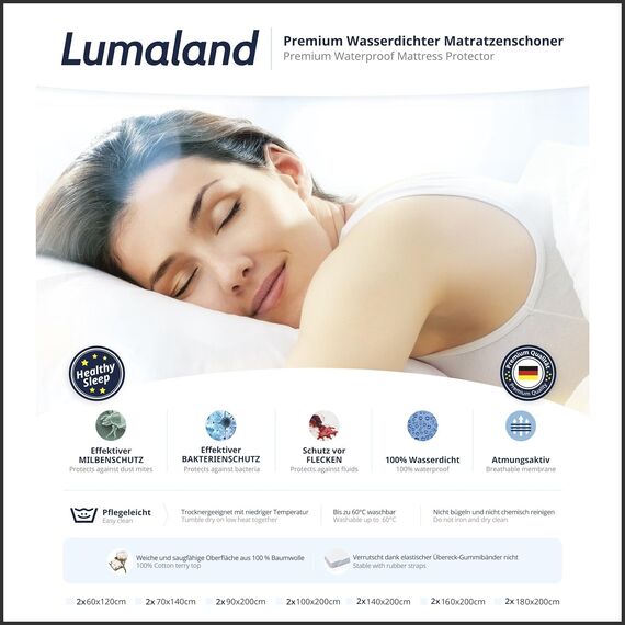 Lumaland 2X wasserdichte Matratzenauflage 100 cm x 200 cm | Öko-Tex Zertifiziert, Oberfläche aus 100% Baumwolle | Wasserundurchlässiger & atmungsaktiver Matratzenschoner