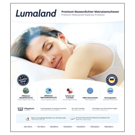 Lumaland Wasserundurchlässige Matratzenauflage Kopfkissenschoner 90 cm x 200 cm | Matratzenschoner aus 100% Baumwolle | 100% Flüssigkeiten undurchlässig | Atmungsaktiv [Matratzenschutz]