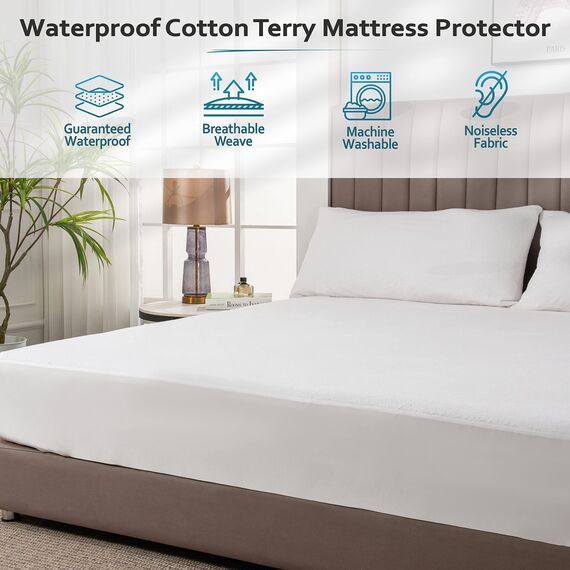 PlushDeluxe Matratzenschoner, wasserdichter und hypoallergener Matratzenbezug, atmungsaktiv und ohne Vinyl-Weichbaumwoll-Terry-Oberfläche, voll
