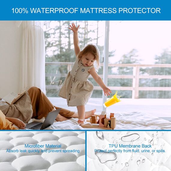 Gesteppte wasserdichte Matratzenauflage in voller Größe, Premium Hohlmaterial Füllung Matratzenschoner, atmungsaktiv, leise, kühlend, maschinenwaschbar, Matratzenbezug mit 53,3 cm tiefer Tasche