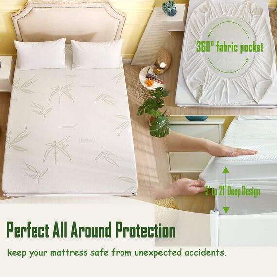 Wasserdichter Matratzenschoner für Doppelbett, XL, hochwertige kühlende Viskose aus Bambus-Matratzenauflage, atmungsaktiv, geräuschlos, kühlend und maschinenwaschbar, Bettbezug mit 53,3 cm tiefer