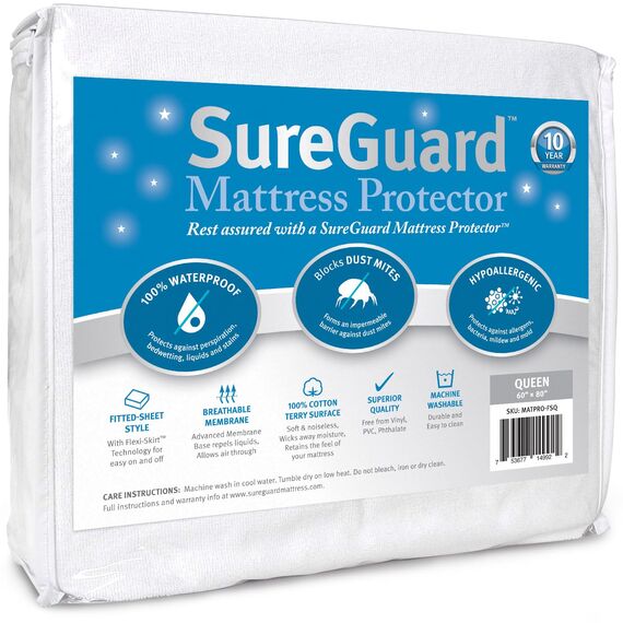 SureGuard Matratzenschoner für Queen-Size-Betten – 100% wasserdicht, hypoallergen – hochwertiger Baumwoll-Frottee-Bezug, Weiß