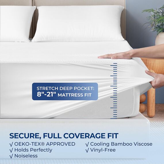 TASTELIFE Premium Bambus-Matratzenschoner in voller Größe, wasserdicht, hypoallergen und ultraweich, atmungsaktiv, 20,3 - 53,3 cm tiefe Tasche, vinylfrei