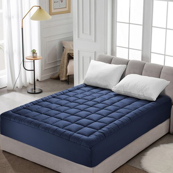 HYLEORY King Matratzenauflage Gesteppter Spannbettlaken Matratzenschoner Kühlkissen Top Matratzenbezug Atmungsaktive Flauschige Weiche Matratzenauflage mit 20,3-53,3 cm tiefer Tasche, Marineblau