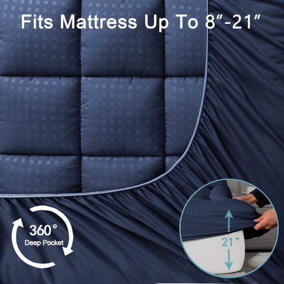 HYLEORY King Matratzenauflage Gesteppter Spannbettlaken Matratzenschoner Kühlkissen Top Matratzenbezug Atmungsaktive Flauschige Weiche Matratzenauflage mit 20,3-53,3 cm tiefer Tasche, Marineblau