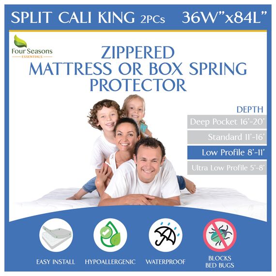 Split California King Matratzen- oder Boxspring-Abdeckung (20,3 cm - 27,9 cm Tiefe), wasserdichter Reißverschlussschutz, hypoallergen, Premium-Bettwanzenbezug, schützt vor Staub, Weiß, 2 Stück