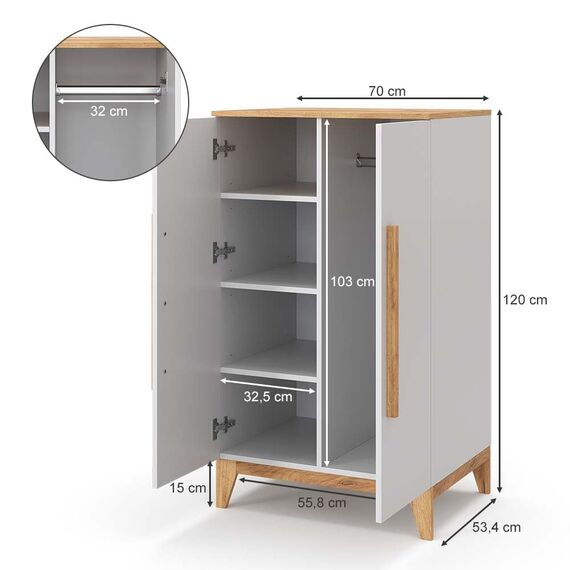 VitaliSpa Kinderkleiderschrank Malia, Weiß, 70 x 120 cm, mit Einlegeböden und Kleiderstange zur flexiblen Aufbewahrung
