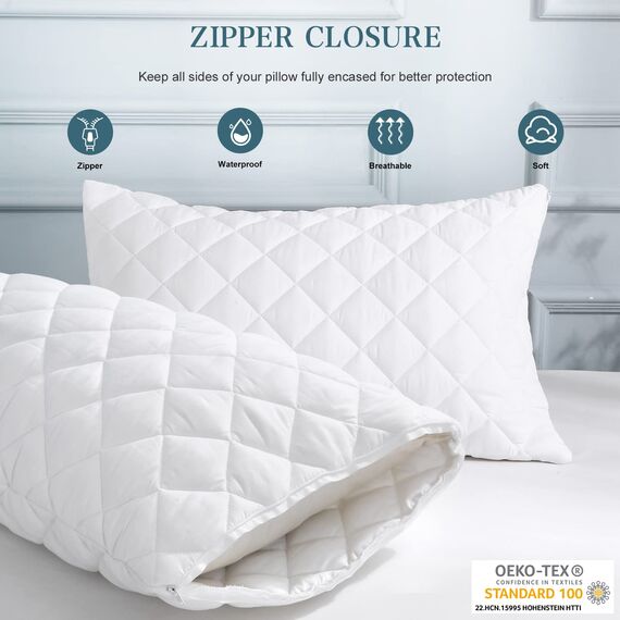 UNILIBRA Wasserdichter Kissenbezug, gesteppt, King-Size-Bett, 2er-Set, Kissenbezug mit Reißverschluss, geräuschlos, atmungsaktiv, weiß, 53,3 x 91,4 cm