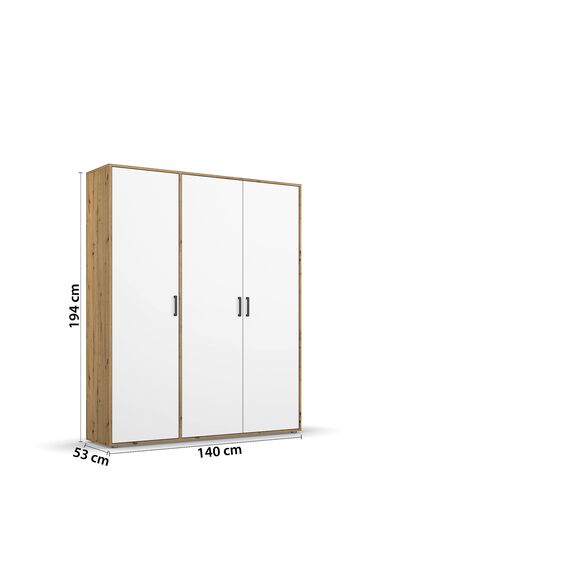 Rauch Möbel Voyager, Kleiderschrank für Schlafzimmer, Kinderzimmer, Babyzimmer, Jugendzimmer, Flur, 3-türig, mit Zubehör Basic, Farbe Weiß/Eiche Artisan, Breite 140cm