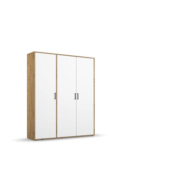 Rauch Möbel Voyager, Kleiderschrank für Schlafzimmer, Kinderzimmer, Babyzimmer, Jugendzimmer, Flur, 3-türig, mit Zubehör Basic, Farbe Weiß/Eiche Artisan, Breite 140cm