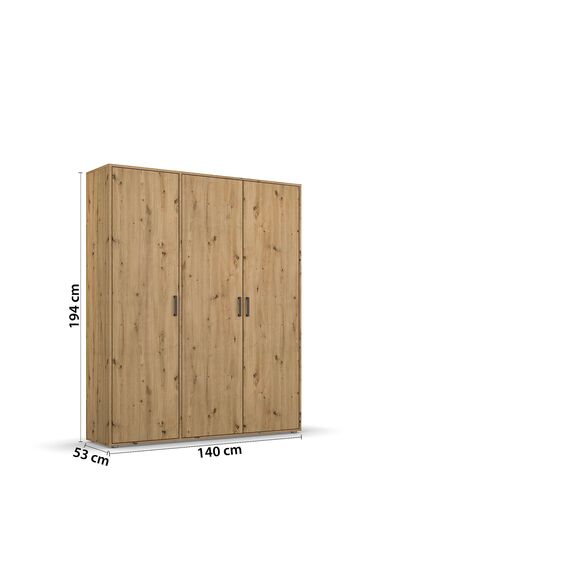 Rauch Möbel Voyager, Kleiderschrank für Schlafzimmer, Kinderzimmer, Babyzimmer, Jugendzimmer, Flur, 3-türig, mit Zubehör Basic, Farbe Eiche Artisan, Holz, Breite 140cm