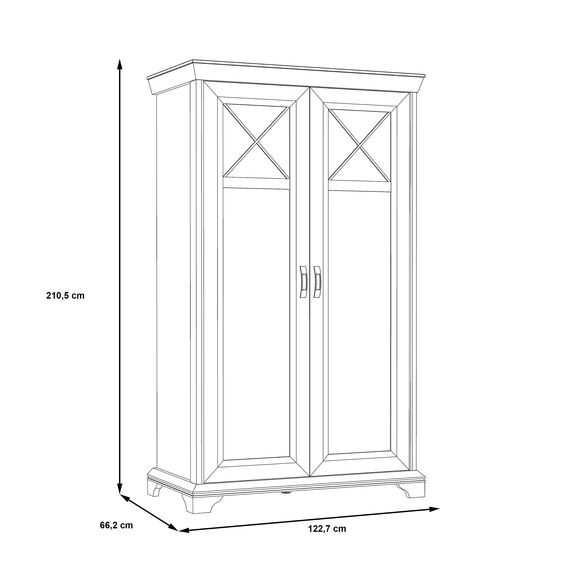 FORTE KASHMIR Schrank 120 130, Kleiderschrank Schlafzimmerschrank Landhausstil Drehtürenschrank 2-türig Einlegeböden und Kleiderstange, Holzdekor: Pinie Weiß, 123 cm breit x 210 cm hoch x 66 cm tief