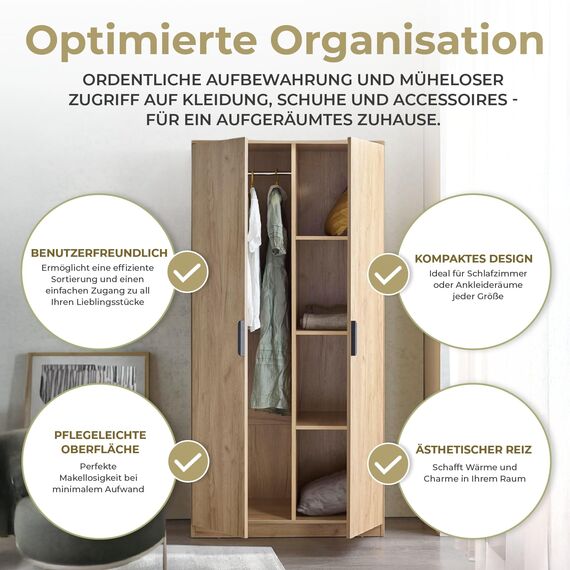 [en.casa] Kleiderschrank Eiselfing Schrank mit 2 Türen Garderobenschrank 176 x 80 x 52 cm Schlafzimmerschrank 1 Kleiderstange 4 Fächer Eicheoptik
