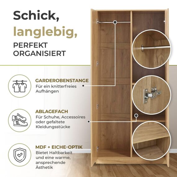 [en.casa] Kleiderschrank Eiselfing Schrank mit 2 Türen Garderobenschrank 176 x 80 x 52 cm Schlafzimmerschrank 1 Kleiderstange 4 Fächer Eicheoptik