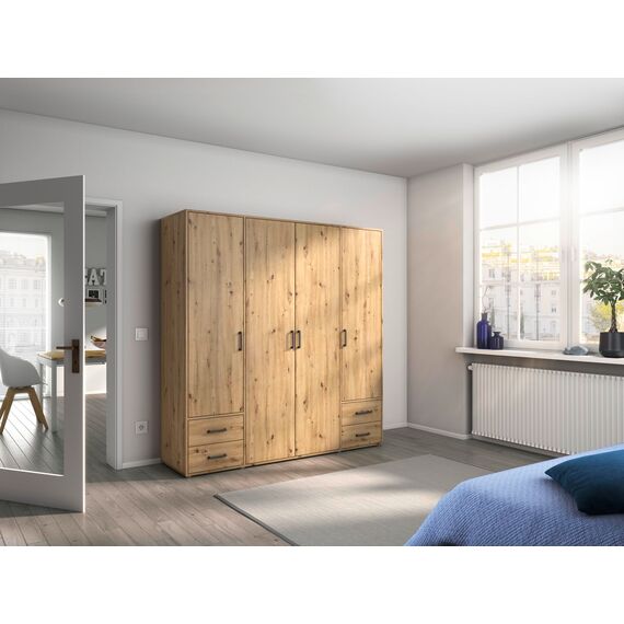 Rauch Möbel Voyager, Kleiderschrank für Schlafzimmer, Kinderzimmer, Jugendzimmer, Flur, 4-türig, 4 Schubladen, mit Zubehör Premium, Farbe Eiche Artisan, Holz, Breite 187cm