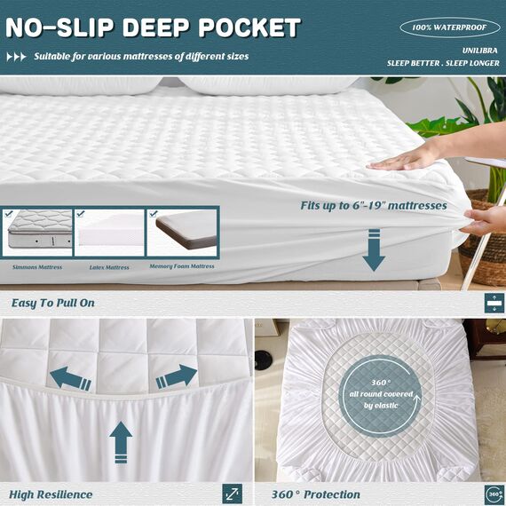 UNILIBRA RV-Matratzenschoner für kurze Queen-Size-Betten, wasserdicht, 15,2 - 48,3 cm, tiefe Tasche, gesteppter Matratzenbezug, atmungsaktiv, hohle Baumwollfüllung, Matratzenschoner für Wohnmobile,
