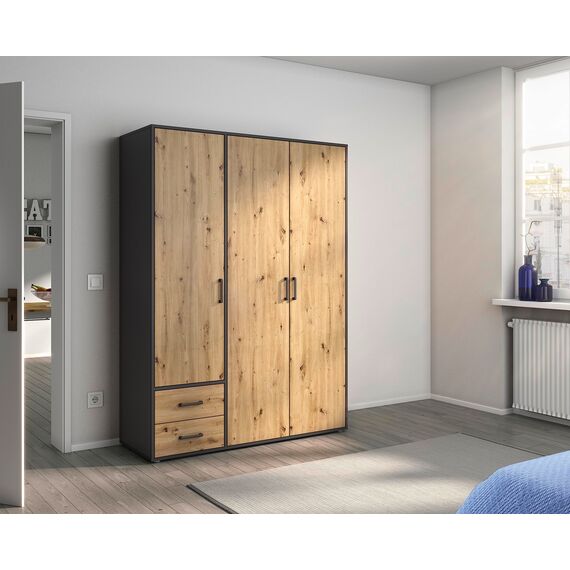 Rauch Möbel Voyager, Kleiderschrank für Schlafzimmer, Kinderzimmer, Babyzimmer, Flur, 3-türig, 2 Schubladen, mit Zubehör Basic, Farbe Eiche Artisan, Holz/Grau metallic, Schwarz, Breite 140cm