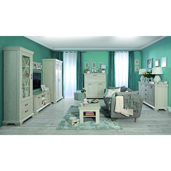 FORTE KASHMIR Schrank 120 130, Kleiderschrank Schlafzimmerschrank Landhausstil Drehtürenschrank 2-türig Einlegeböden und Kleiderstange, Holzdekor: Pinie Weiß, 123 cm breit x 210 cm hoch x 66 cm tief