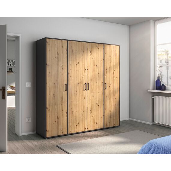 Rauch Möbel Voyager, Kleiderschrank für Schlafzimmer, Kinderzimmer, Babyzimmer, Jugendzimmer, Flur, 4-türig, mit Zubehör Basic, Farbe Eiche Artisan, Holz/Grau metallic, Schwarz, Breite 187cm