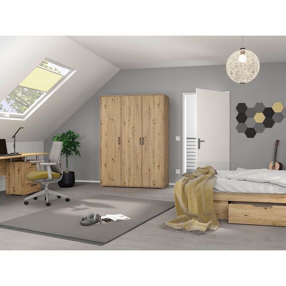 Rauch Möbel Voyager, Kleiderschrank für Schlafzimmer, Kinderzimmer, Jugendzimmer, Flur, 3-türig, mit Zubehör Classic, Farbe Eiche Artisan, Holz, Breite 140cm