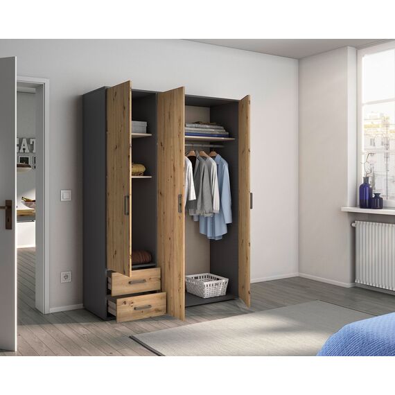 Rauch Möbel Voyager, Kleiderschrank für Schlafzimmer, Kinderzimmer, Babyzimmer, Flur, 3-türig, 2 Schubladen, mit Zubehör Basic, Farbe Eiche Artisan, Holz/Grau metallic, Schwarz, Breite 140cm