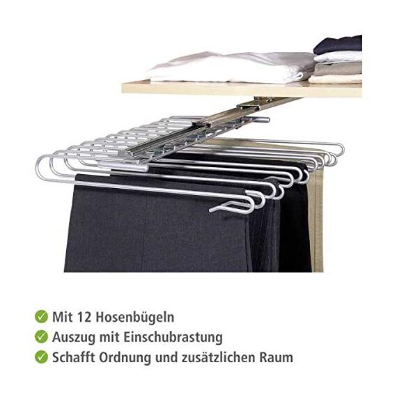 WENKO ausziehbarer Hosenbügel, Halter für 12 Hosen, Zur Befestigung im Kleiderschrank, Verchromtes Metall, 33 x 10 x 47 cm