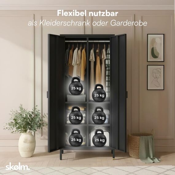 skølm Ituri Metallschrank Schwarz – Kleiderschrank mit 6 Fächern & 2 Kleiderstangen – Garderobenschrank Flur 80 cm breit – Schlafzimmerschrank Industrial Style – Stahlschrank für Wohnzimmer & Büro