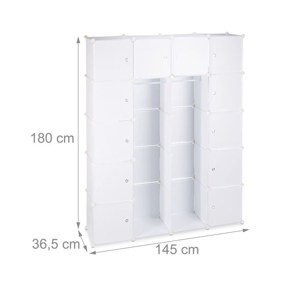 Relaxdays Kleiderschrank Stecksystem mit 2 Kleiderstangen, Garderobe mit 14 Fächer, Kunststoff Regalsystem, weiß