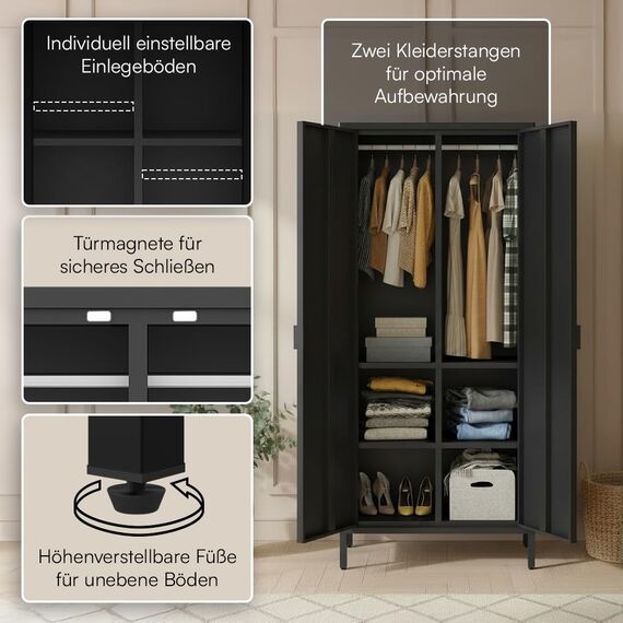 skølm Ituri Metallschrank Schwarz – Kleiderschrank mit 6 Fächern & 2 Kleiderstangen – Garderobenschrank Flur 80 cm breit – Schlafzimmerschrank Industrial Style – Stahlschrank für Wohnzimmer & Büro