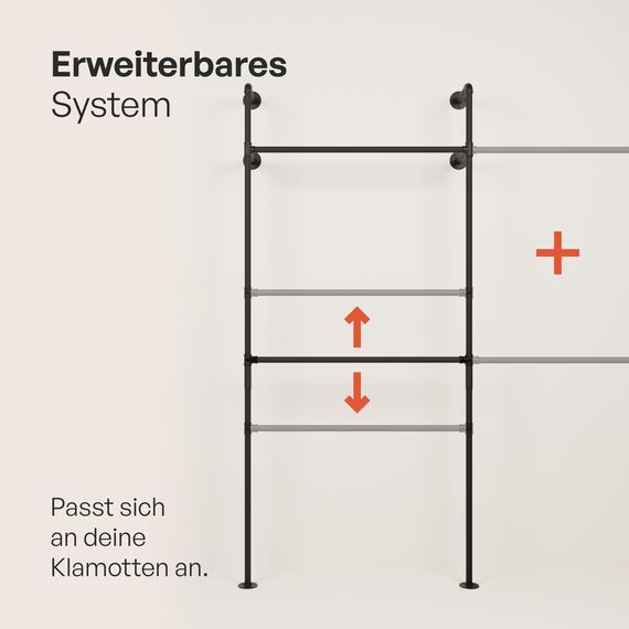 pamo Kleiderstange Wandmontage 201 x 222 cm - Offener Kleiderschrank Kleiderständer industrial schwarz aus Metall Wasserrohren - 240 kg Traglast