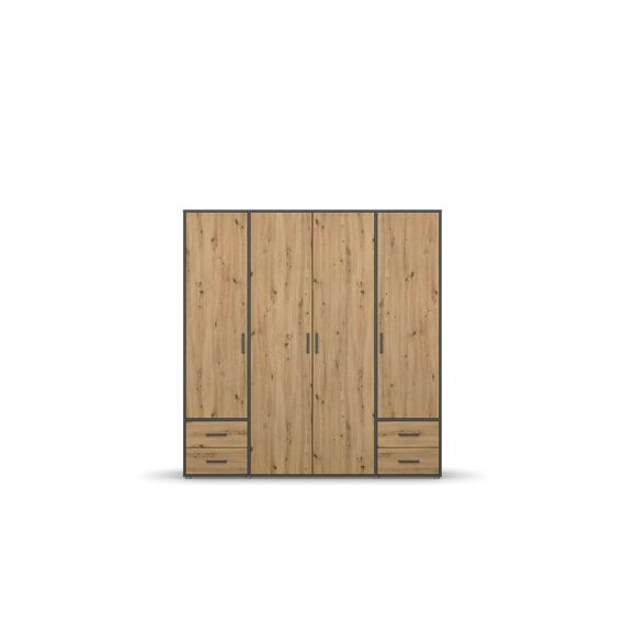 Rauch Möbel Voyager, Kleiderschrank für Schlafzimmer, Kinderzimmer, Jugendzimmer, Flur, 4-türig, 4 Schubladen, mit Zubehör Premium, Farbe Eiche Artisan, Holz/Grau metallic, Schwarz, Breite 187cm