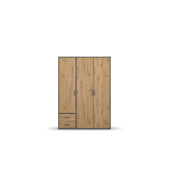 Rauch Möbel Voyager, Kleiderschrank für Schlafzimmer, Kinderzimmer, Jugendzimmer, Flur, 3-türig, 2 Schubladen, mit Zubehör Premium, Farbe Eiche Artisan, Holz/Grau metallic, Schwarz, Breite 140cm