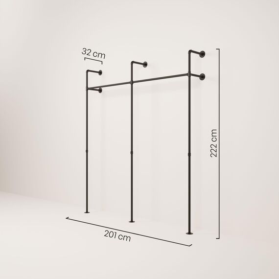 pamo Kleiderstange Wandmontage 201 x 222 cm - Offener Kleiderschrank Kleiderständer industrial schwarz aus Metall Wasserrohren - 240 kg Traglast