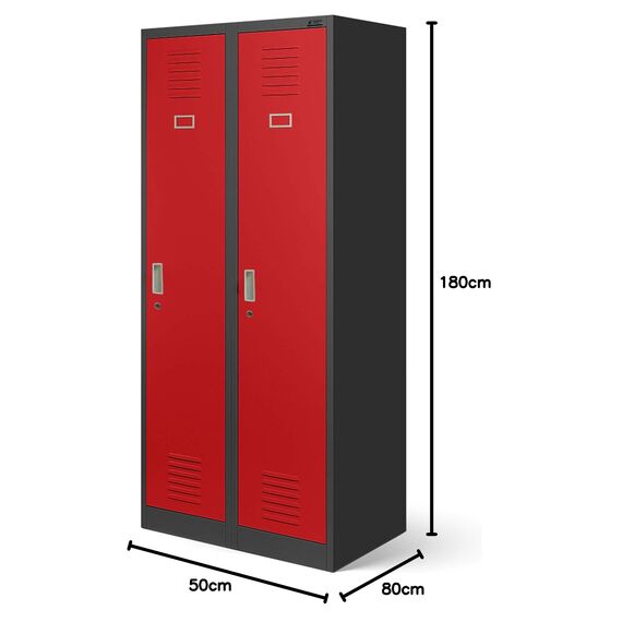 Jan Nowak Spind Schrank, Metallschrank, Kleiderschrank, Schließfachschrank | 2 Abteile mit Kleiderstange, Trennwände, Lüftungsschlitze, 4 Kleiderhaken pro Abteil | 180 cm x 80 cm x 50 cm Anthrazit/Rot
