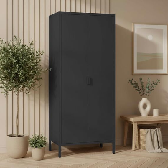 skølm Ituri Metallschrank Schwarz – Kleiderschrank mit 6 Fächern & 2 Kleiderstangen – Garderobenschrank Flur 80 cm breit – Schlafzimmerschrank Industrial Style – Stahlschrank für Wohnzimmer & Büro