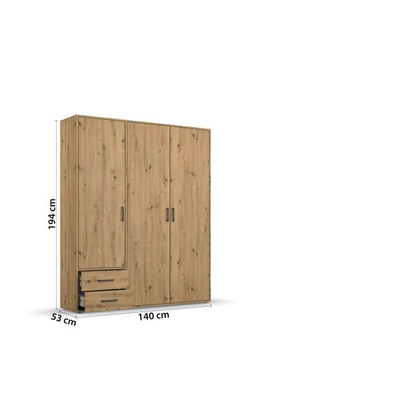 Rauch Möbel Voyager, Kleiderschrank für Schlafzimmer, Kinderzimmer, Jugendzimmer, Flur, 3-türig, 2 Schubladen, mit Zubehör Premium, Farbe Eiche Artisan, Holz, Breite 140cm