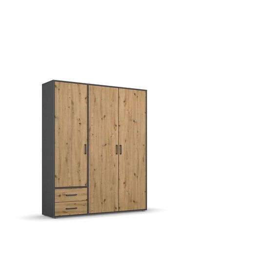 Rauch Möbel Voyager, Kleiderschrank für Schlafzimmer, Kinderzimmer, Jugendzimmer, Flur, 3-türig, 2 Schubladen, mit Zubehör Classic, Farbe Eiche Artisan, Holz/Grau metallic, Schwarz, Breite 140cm