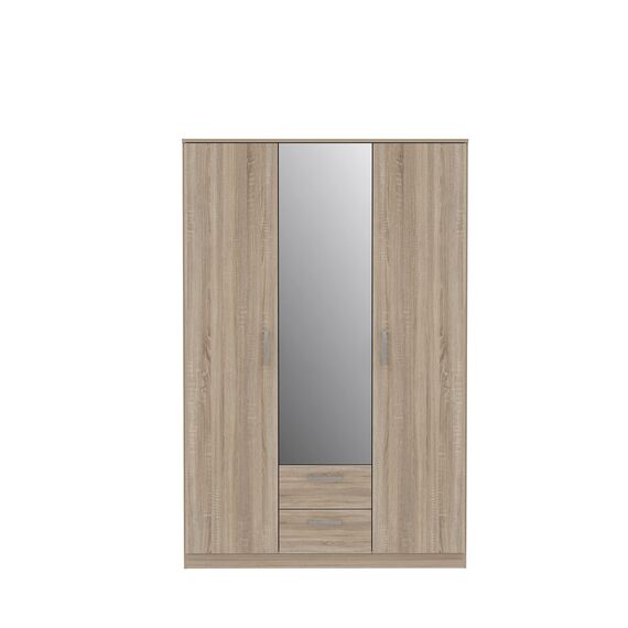FORTE NIKO Schrank 120 130, Kleiderschrank mit Spiegel, Drehtürenschrank Skandinavisch 3-türig, mit 2 Schubladen, Einlegeböden und Kleiderstange, Sonoma Eiche, 123 cm breit x 185 cm hoch x 53 cm tief