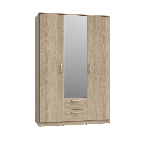 FORTE NIKO Schrank 120 130, Kleiderschrank mit Spiegel, Drehtürenschrank Skandinavisch 3-türig, mit 2 Schubladen, Einlegeböden und Kleiderstange, Sonoma Eiche, 123 cm breit x 185 cm hoch x 53 cm tief