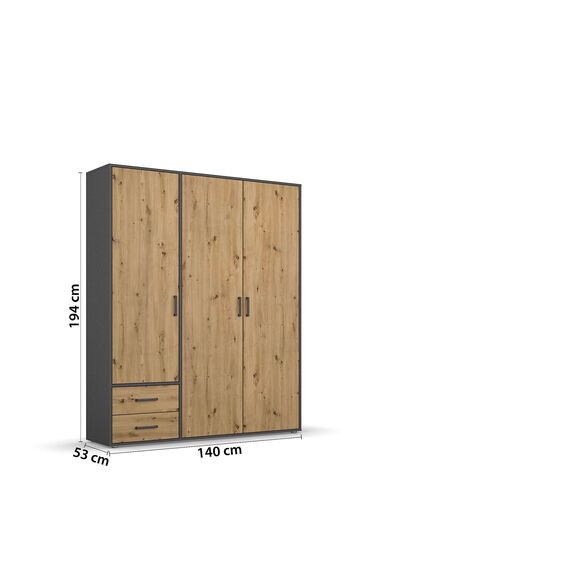 Rauch Möbel Voyager, Kleiderschrank für Schlafzimmer, Kinderzimmer, Jugendzimmer, Flur, 3-türig, 2 Schubladen, mit Zubehör Classic, Farbe Eiche Artisan, Holz/Grau metallic, Schwarz, Breite 140cm